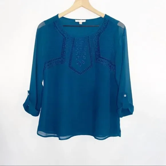 Skies Are Blue Dark Teal Embroidered Top Small S - Picture 2 of 11